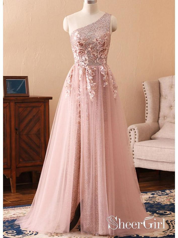 One Shoulder Rose Gold Prom Dresses Appliqued Pink Tulle Maxi