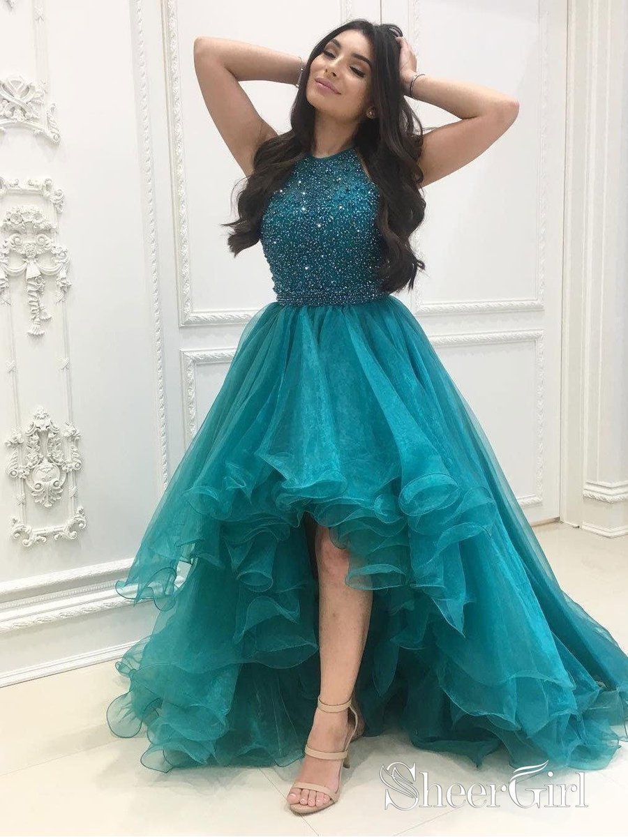 green emerald velvet dress Organza with Beaded Bodice Halter High Low Prom Dress,Pageant Dress,ap –  SheerGirl