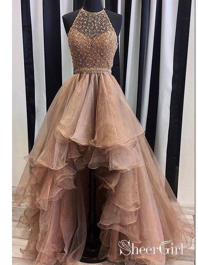 Organza with Beaded Bodice Halter High Low Prom Dress,Pageant Dress,apd2065 Organza with Beaded Bodice Halter High Low Prom Dress,Pageant Dress,apd2065