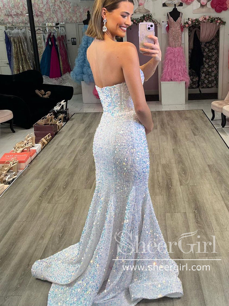 Pearl White Strapless Sparkly Prom Dresses Sheath Formal Dress Mermaid Party Dress ARD2916-SheerGirl
