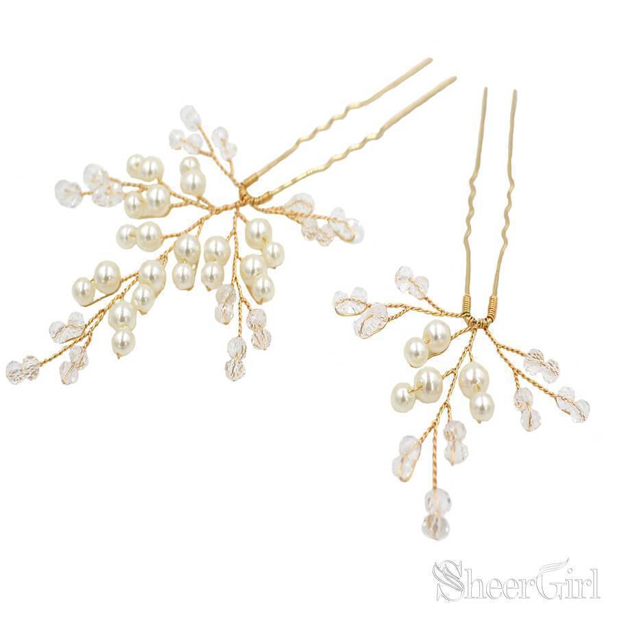 Pearl and Crystal Sprig Gold Hairpins Set ACC1136-SheerGirl