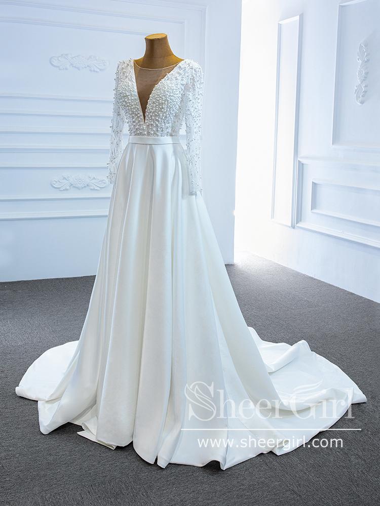 Pearls Decorated Long Sleeves Ivory Wedding Dresses Luxury V Neck Wedding Gowns AWD1790-SheerGirl