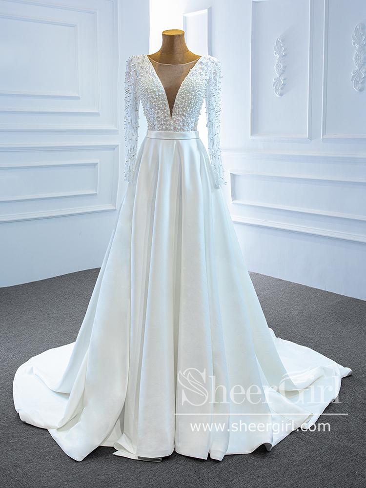 fitted lace wedding dress Luxury Long Sleeve V-Neck Ball Gown Wedding Dress-Bridelily main image 0