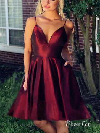 Pik Simple Homecoming Dresses Spaghetti Strap V Neck Sexy Fuchsia Hoco Dresses ARD1317