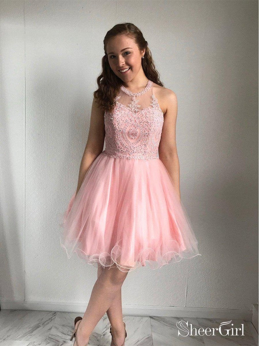 open lace back dress Pink A Line Homecoming Dress with Beading