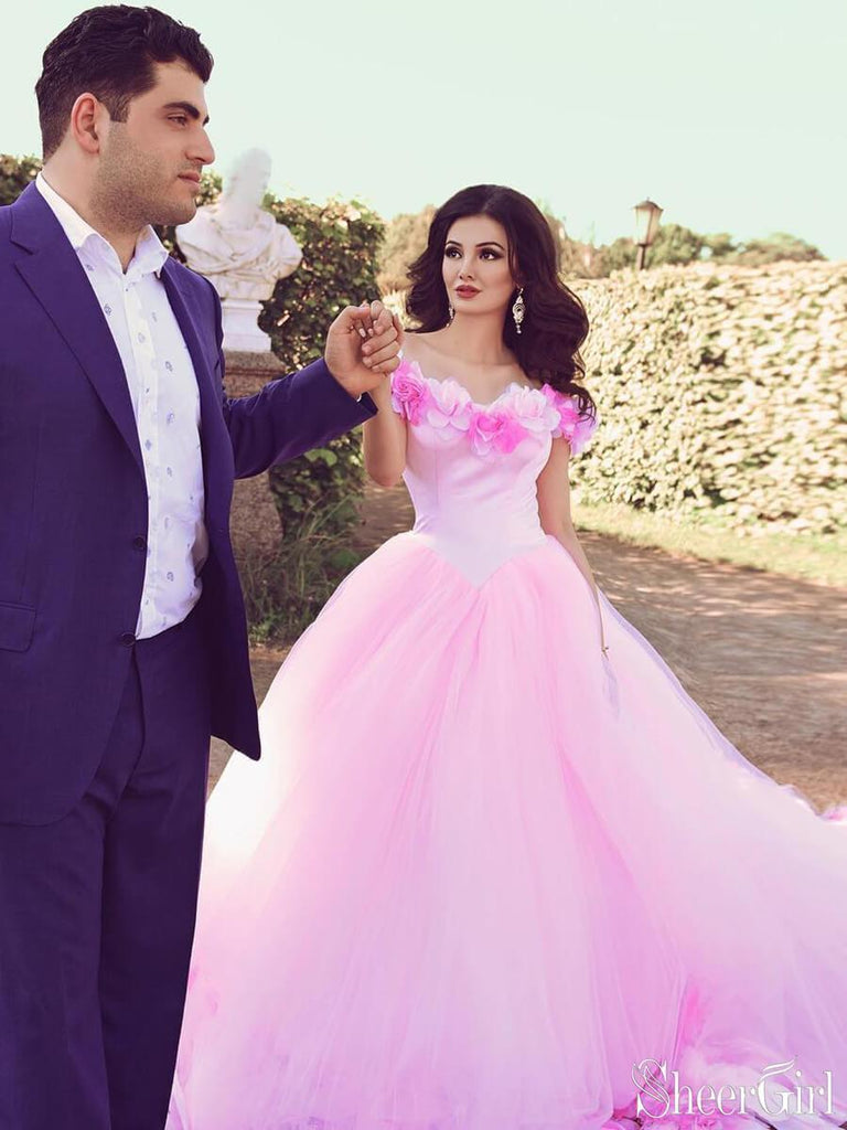 Pink Cathedral Wedding Dress Vintage 3D Flowe Applique Wedding Gown AWD1414-SheerGirl