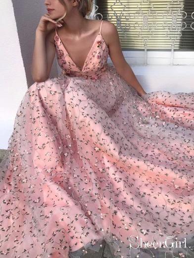 light pink formal dress Pink Floral Lace Long Prom Dresses Spaghetti Strap V Neck Formal Dress ARD1936