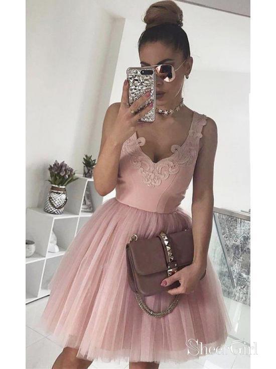 Pink Homecoming Dresses Sleeveless V Neck Lace Appliqued Homecoming Dress ARD1495-SheerGirl
