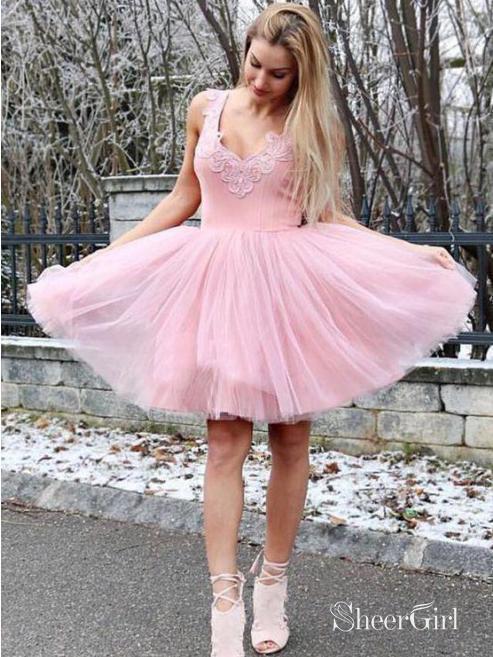 Pink Homecoming Dresses Sleeveless V Neck Lace Appliqued Homecoming Dress ARD1495