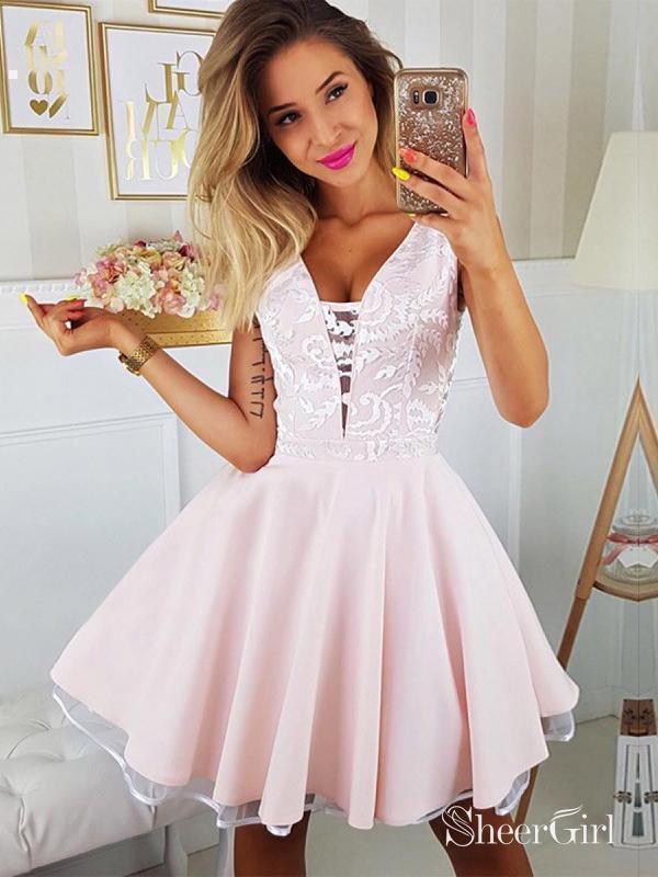 Pink Lace Appliqued Mini Homecoming Dresses V Neck Short Hoco Dress ARD1715