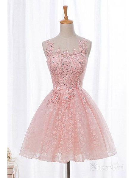 Pink Lace Homecoming Dresses Lace Applique Beaded Cheap Cute Homecoming Dress – SheerGirl