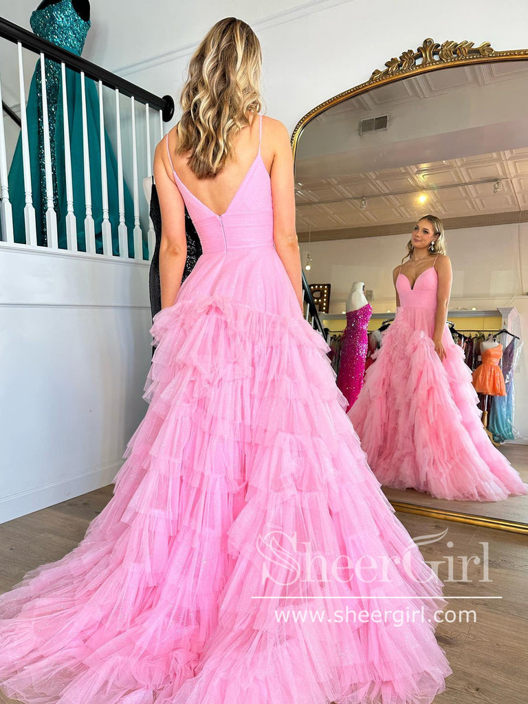 Pink Sparkly Tulle Ball Gown Layered Party Dress Sweetheart Neck Prom Dress ARD2894-SheerGirl