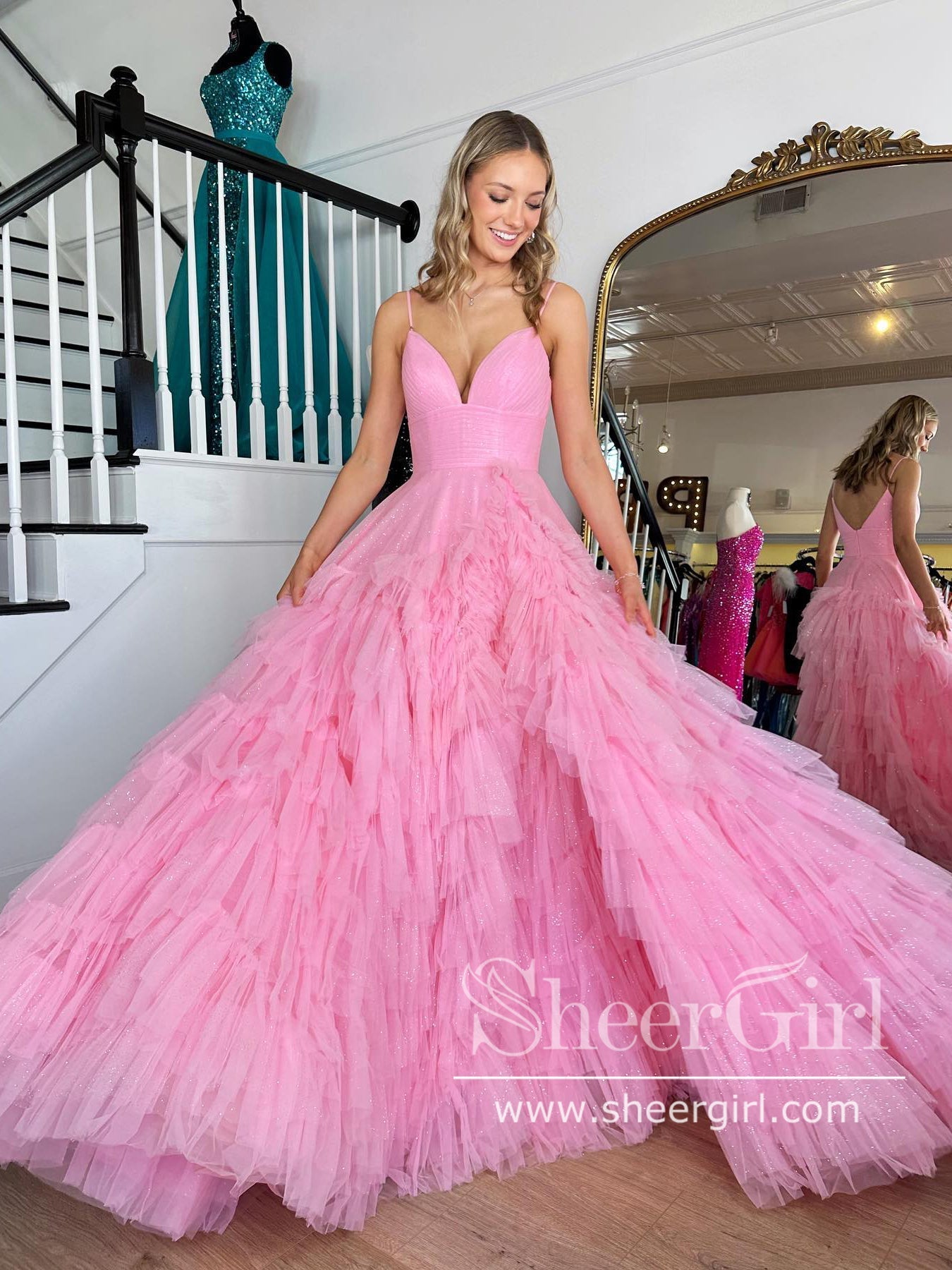 Pink Sparkly Tulle Ball Gown Layered Party Dress Sweetheart Neck Prom Dress ARD2894 Pink Sparkly Tulle Ball Gown Layered Party Dress Sweetheart Neck Prom Dress ARD2894
