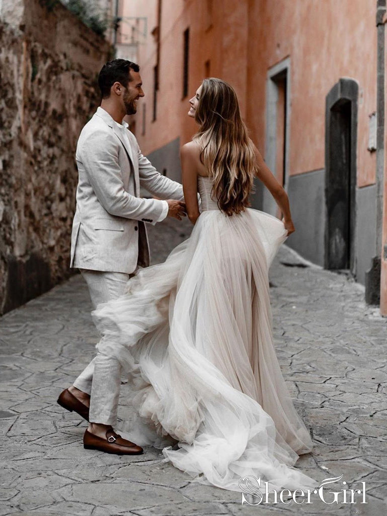 Pleated Ombre Champagne Tulle Bridal dresses Sweet Heart Neckline Minimalist Wedding Dresses AWD1667-SheerGirl