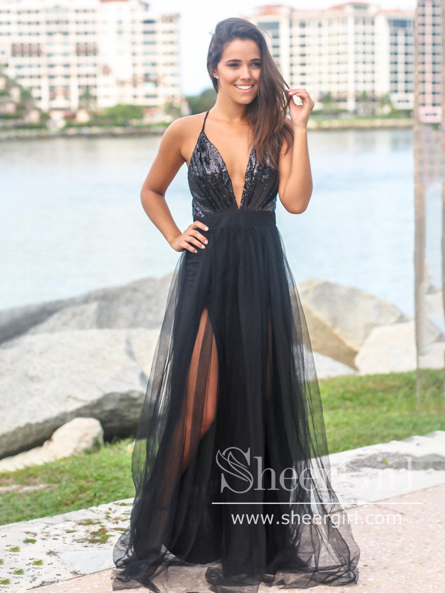 Pleated Sequins Bodice Sparkly Long Formal Dress with High Slit Long Prom Dress ARD2579