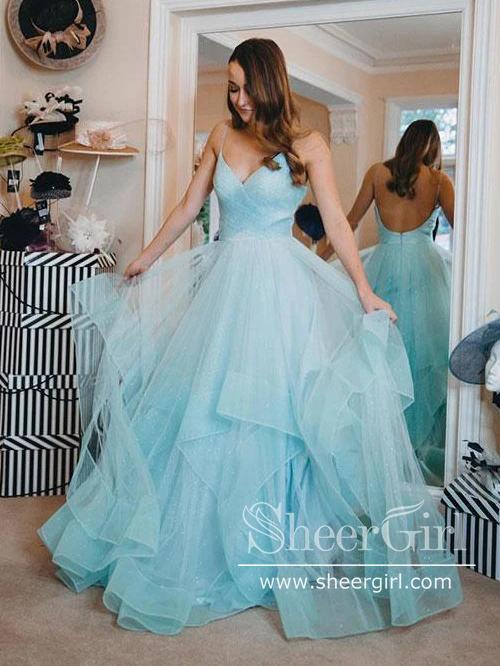 Pleated Tulle Ball Gown Party Dress Spaghetti Straps High-Low Sparkly Long Prom Dress ARD2551
