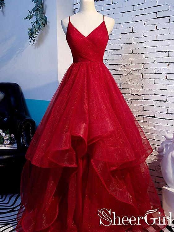 Pleated Tulle Ball Gown Party Dress Spaghetti Straps High-Low Sparkly SheerGirl Pleated Tulle Ball Gown Party Dress Spaghetti Straps High-Low Sparkly SheerGirl