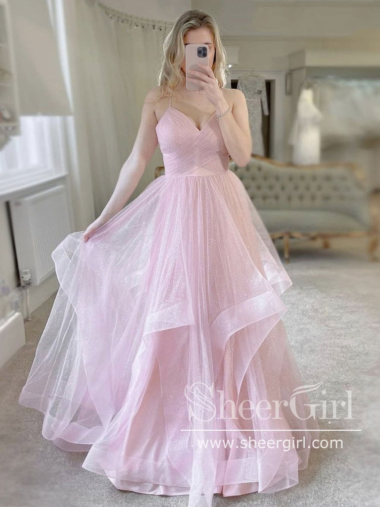 Pleated Tulle Ball Gown Party Dress Spaghetti Straps High-Low Sparkly Long Prom Dress ARD2551-SheerGirl