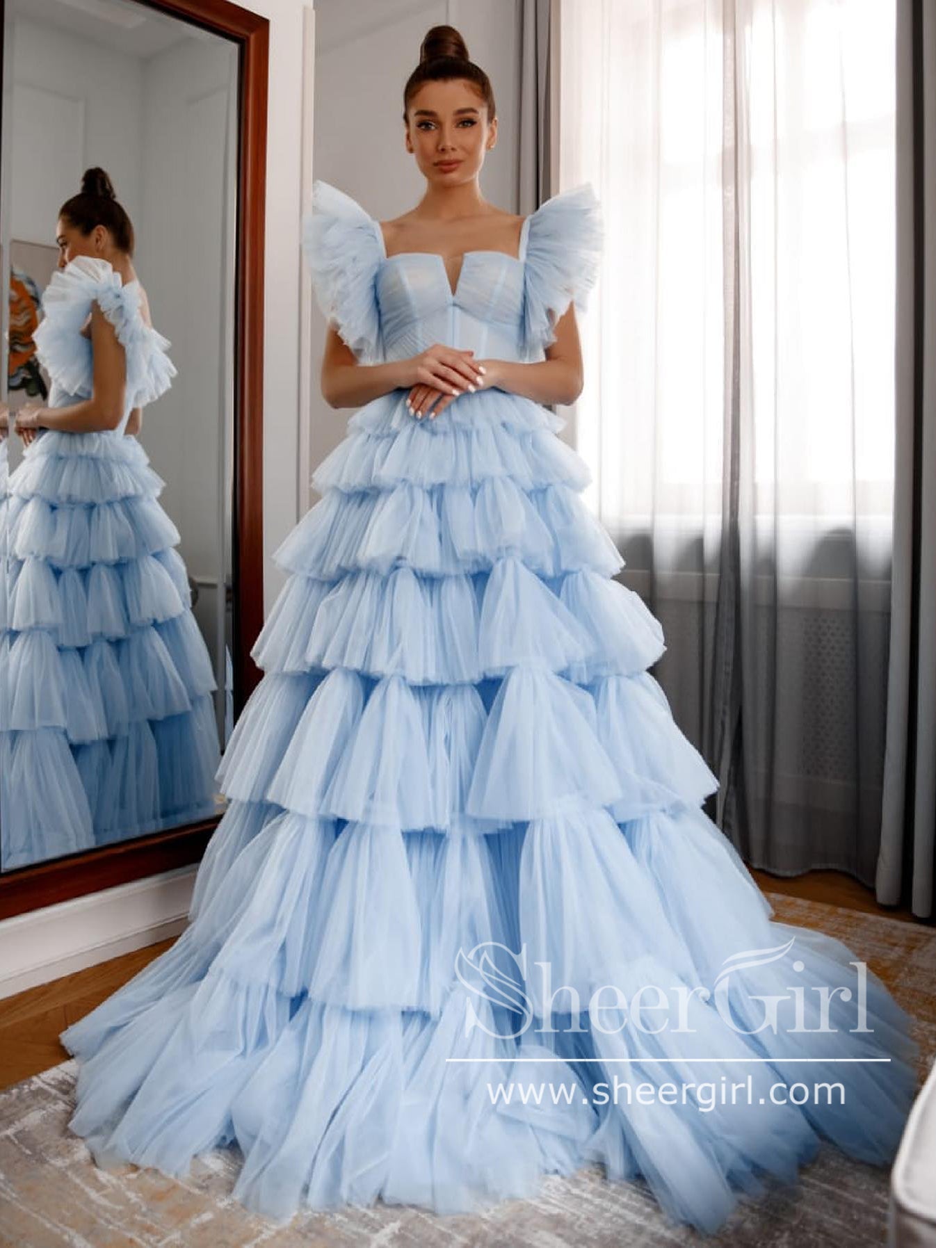 Pleated Tulle Ball Gown Ruffle Tiered Long Prom Dress Floor Length Party Dress ARD2876 Pleated Tulle Ball Gown Ruffle Tiered Long Prom Dress Floor Length Party Dress ARD2876
