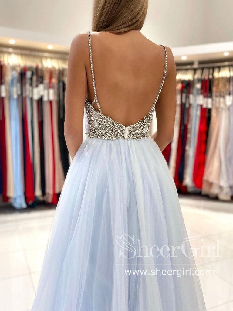 Pleated V Neck Light Blue Tulle Party Dress Rhinestones A Line Prom Dress ARD2863-SheerGirl