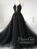 Plunge Neckline High Slit Tulle Prom Dress Black Wedding Dress ARD2667-SheerGirl