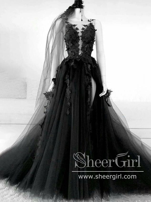 Plunge Neckline High Slit Tulle Prom Dress Black Wedding Dress ARD2667 SheerGirl Plunge Neckline High Slit Tulle Prom Dress Black Wedding Dress ARD2667 SheerGirl