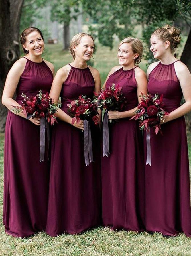 Plus Size Burgundy Long Bridesmaid Dresses with Halter Neck