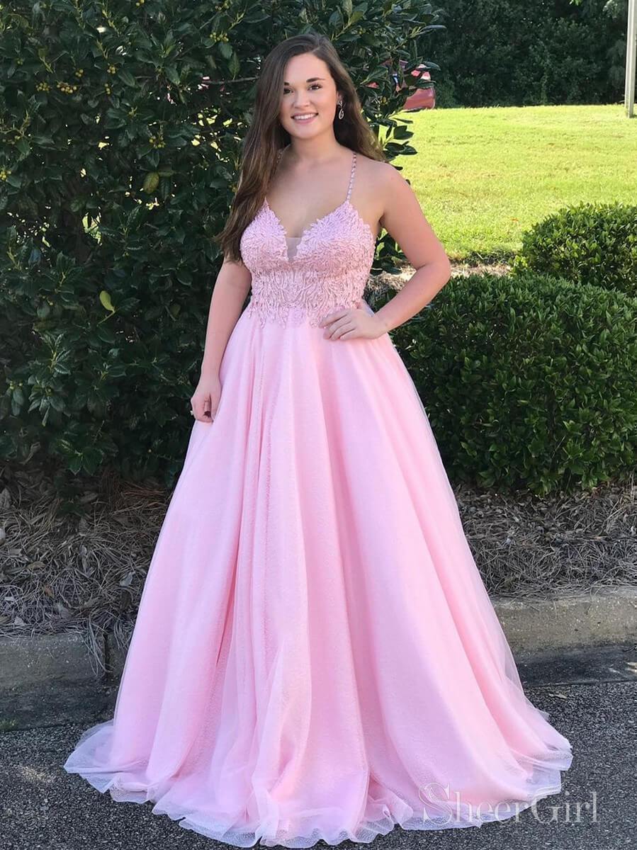 Plus Size Pink Prom Dresses Spaghetti Strap V Neck Ball Gown ARD2057 –  SheerGirl