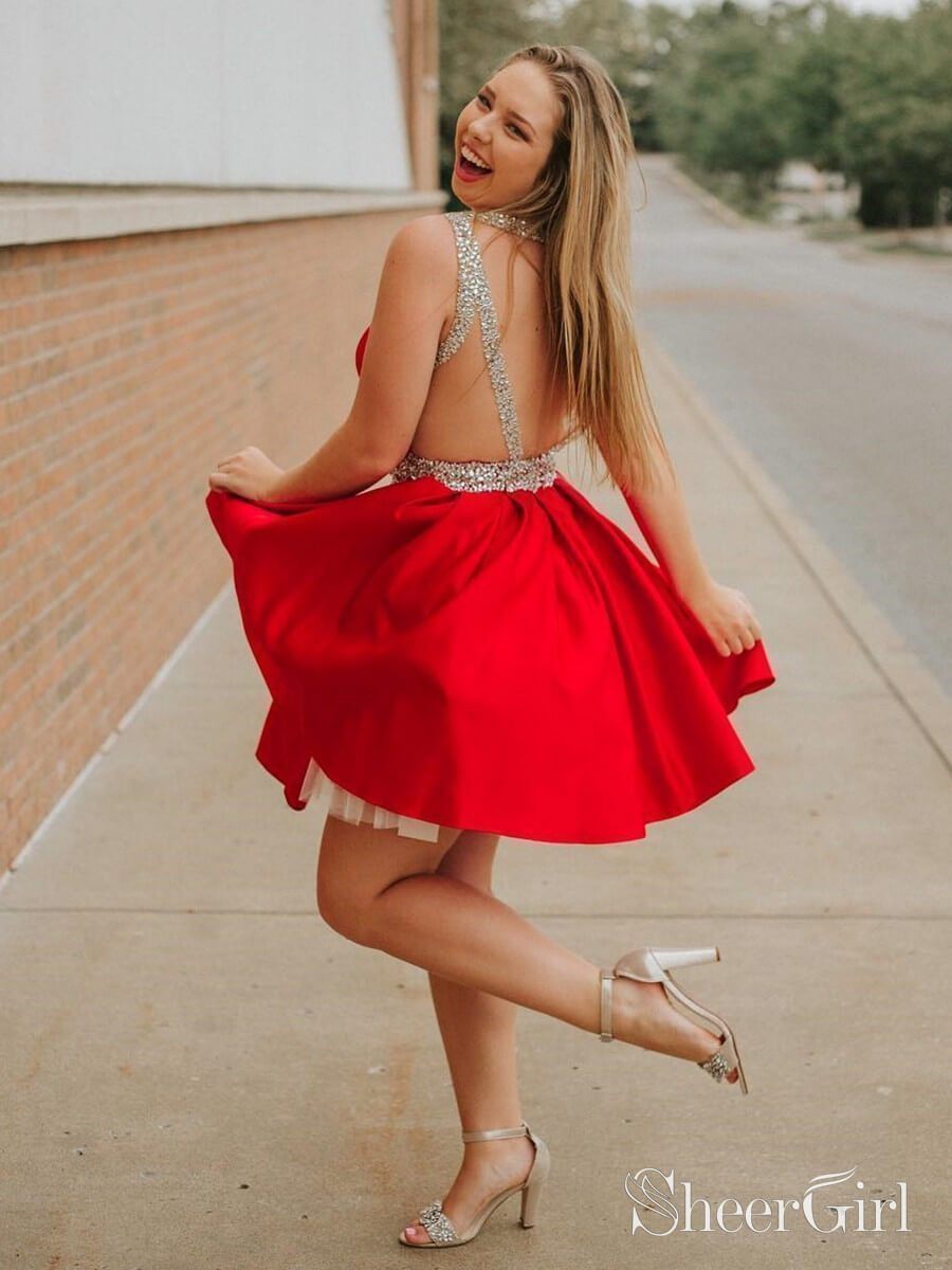 short red and silver prom dress Metallic Babydoll Short Prom Dress