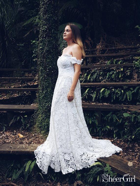 Plus Size White Lace Wedding Dresses Off the Shoulder Country Wedding Dresses AWD1212-SheerGirl