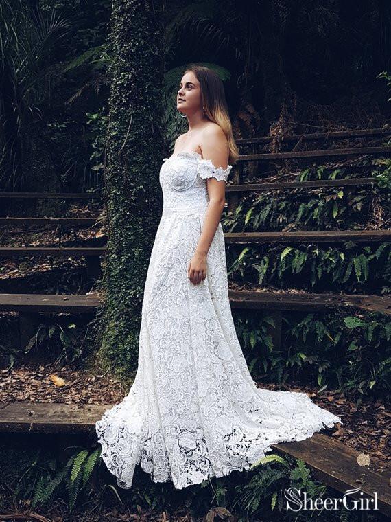 Plus Size White Lace Dresses Off the Shoulder Country Dresses – SheerGirl