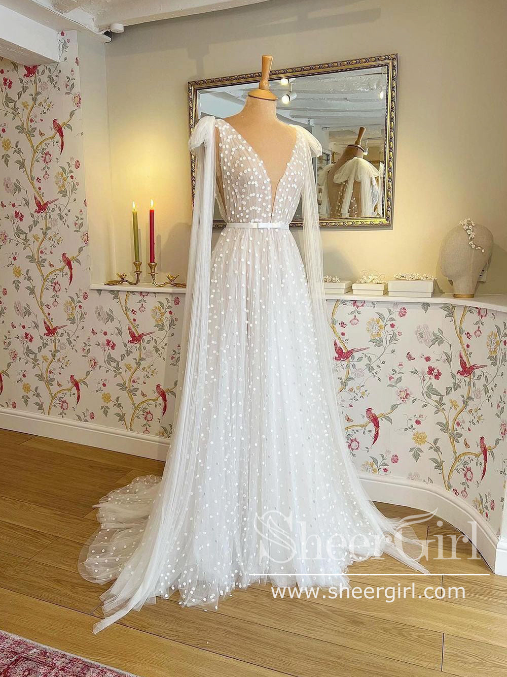 Polka Dots Tulle V Neck Bridal Gown A Line Boho Wedding Dress AWD1946 Polka Dots Tulle V Neck Bridal Gown A Line Boho Wedding Dress AWD1946