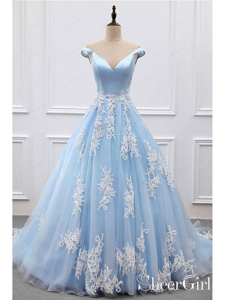 Princess Prom Dresses V-neck Sky Blue Off the Shoulder Quinceanera Dresses APD3008-SheerGirl