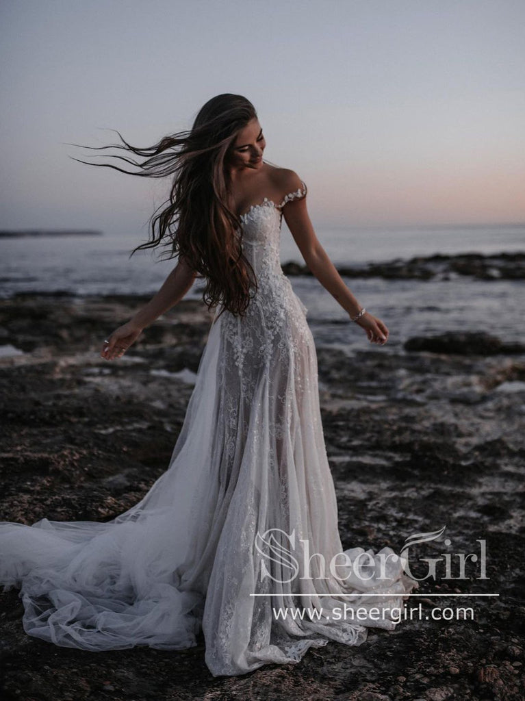 Princess Shimmering Full A-Line Gown with Sleeves Off Shoulder Wedding Dress AWD1776-SheerGirl