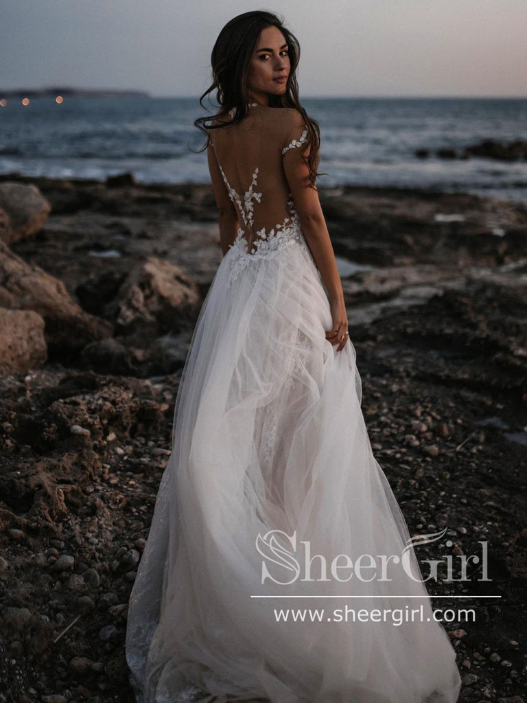 Princess Shimmering Full A-Line Gown with Sleeves Off Shoulder Wedding Dress AWD1776-SheerGirl
