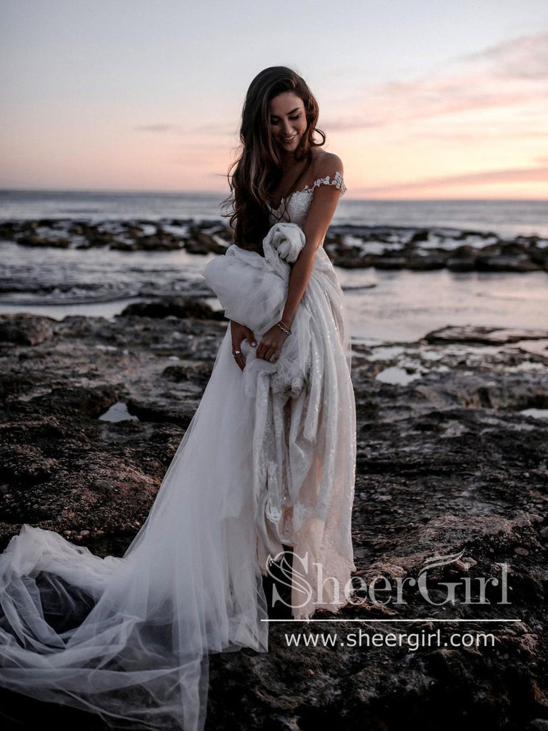 Princess Shimmering Full A-Line Gown with Sleeves Off Shoulder Wedding Dress AWD1776-SheerGirl