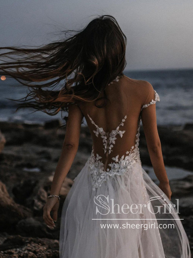 Princess Shimmering Full A-Line Gown with Sleeves Off Shoulder Wedding Dress AWD1776-SheerGirl