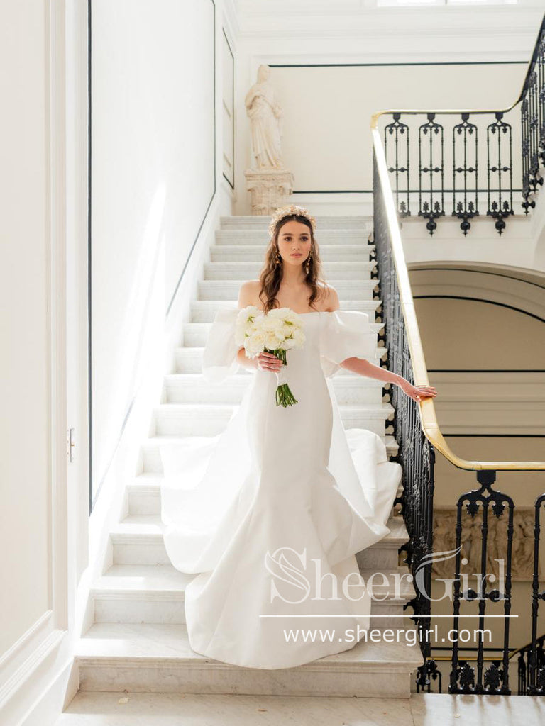Princess Wedding Dress with Puff Short Sleeves Ball Gown Satin Bridal Dress AWD1844-SheerGirl