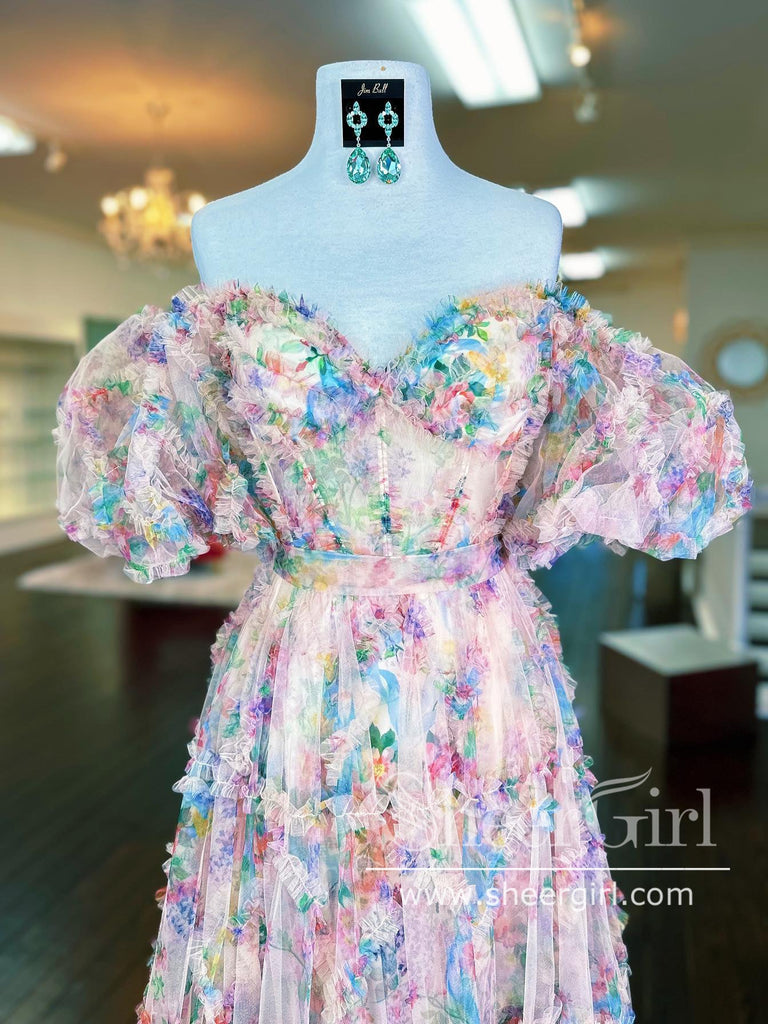 Print Garden Flower Tulle Prom Gown Ruffled Formal Dress Prom Dress with Detachable Sleeves ARD2886-SheerGirl