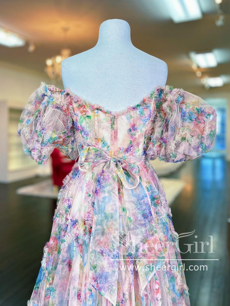 Print Garden Flower Tulle Prom Gown Ruffled Formal Dress Prom Dress with Detachable Sleeves ARD2886-SheerGirl