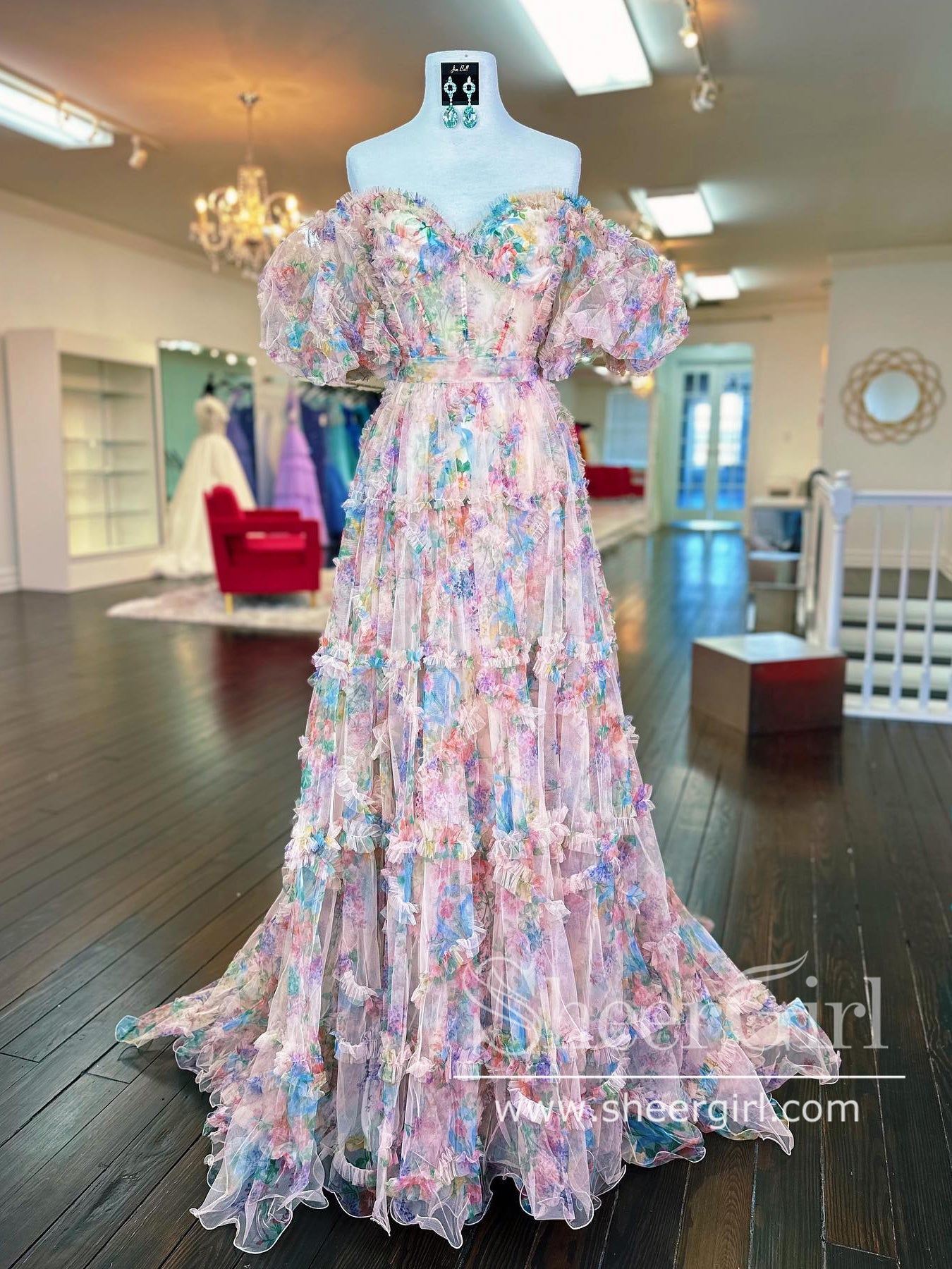 ruffle flower print long dress Ava Presley 42293 Long Formal Ball Gown Ruffle Print Floral Prom Dress