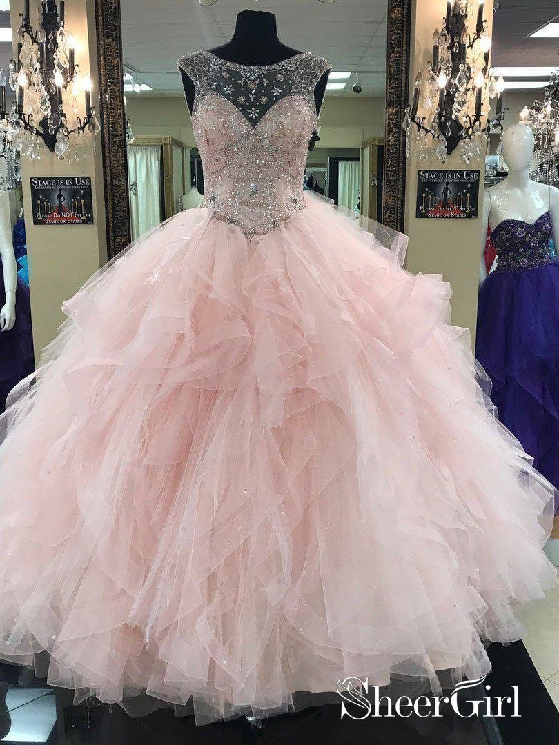 Prom Ball Gown See Through Neck Tulle Light Pink Quinceanera Dresses A SheerGirl Prom Ball Gown See Through Neck Tulle Light Pink Quinceanera Dresses A SheerGirl
