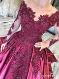 Prom Dress with Long Sleeves and Floral Embroidery Burgundy Colored Court Train ARD2499-SheerGirl