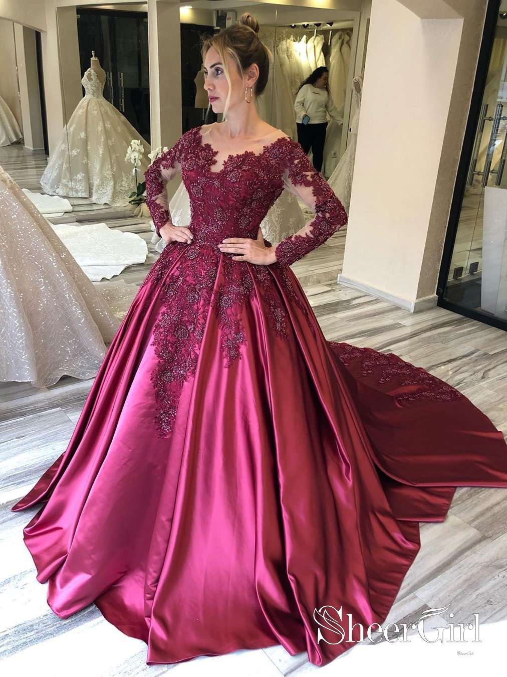 Long Sleeve Maroon Evening Gowns Prom Dress With Long Sleeves And