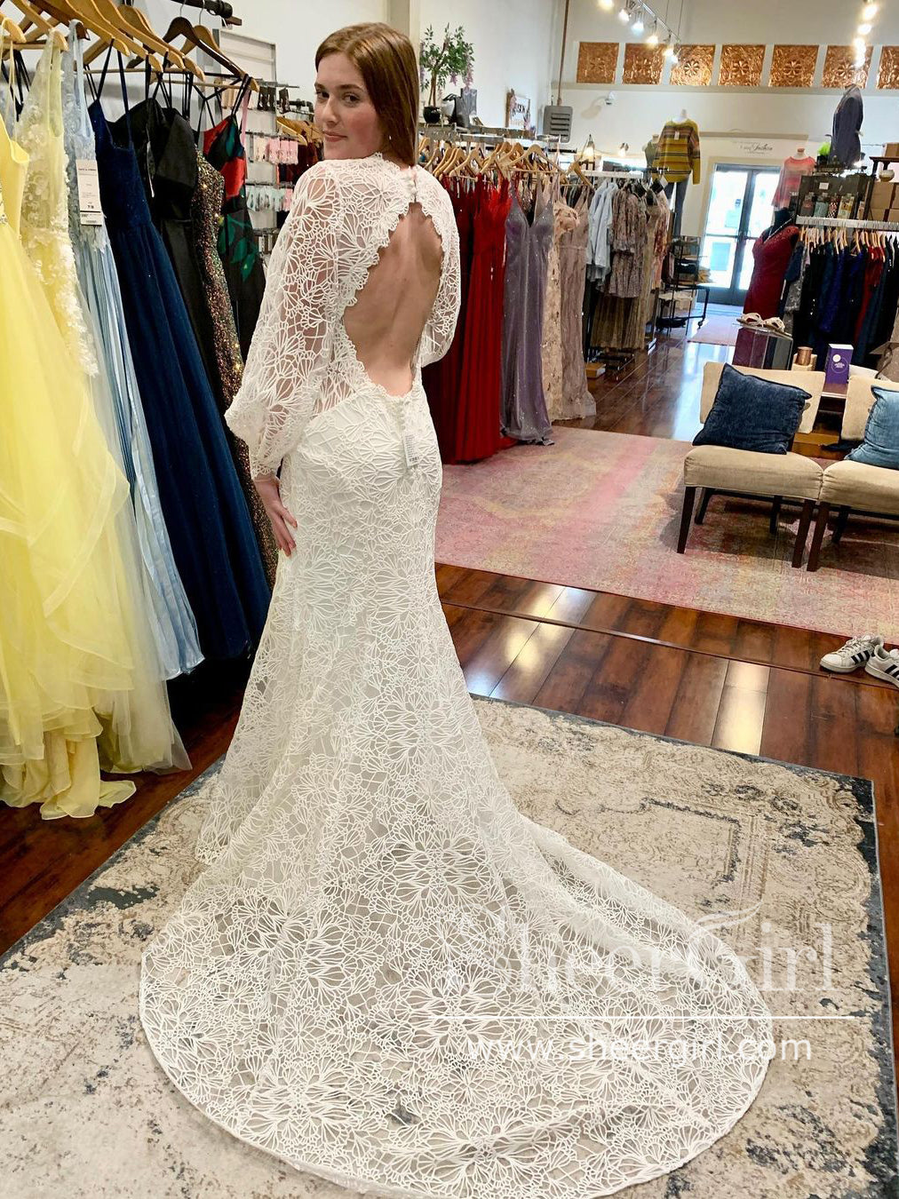Puff Long Sleeves Keyhole Back Mermaid Boho Lace Wedding Dress AWD1885 Puff Long Sleeves Keyhole Back Mermaid Boho Lace Wedding Dress AWD1885
