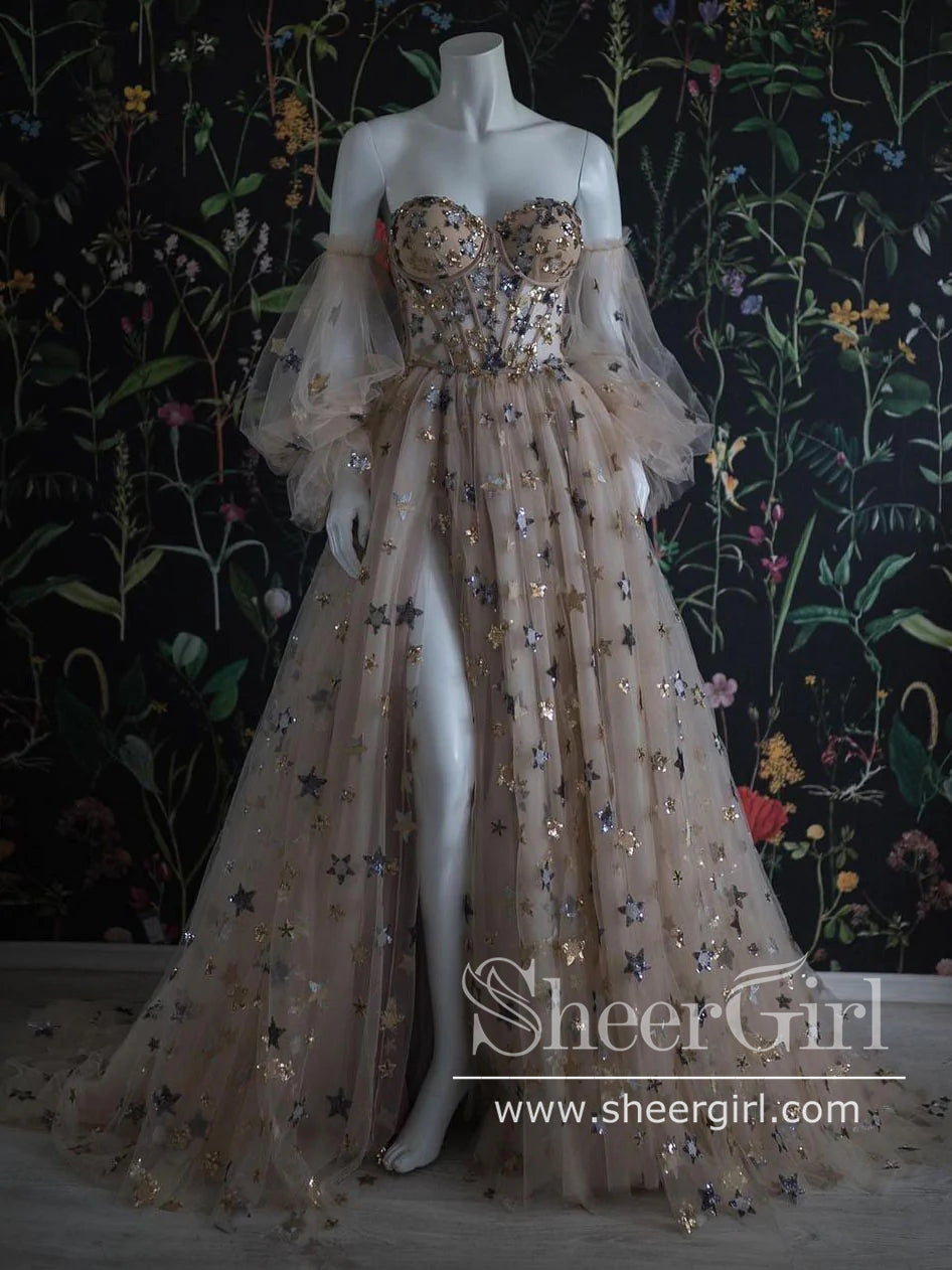 Puff Sleeves Corset Bodice Prom Gown with Sequins Star Sparkly Prom Dress ARD2741 Puff Sleeves Corset Bodice Prom Gown with Sequins Star Sparkly Prom Dress ARD2741
