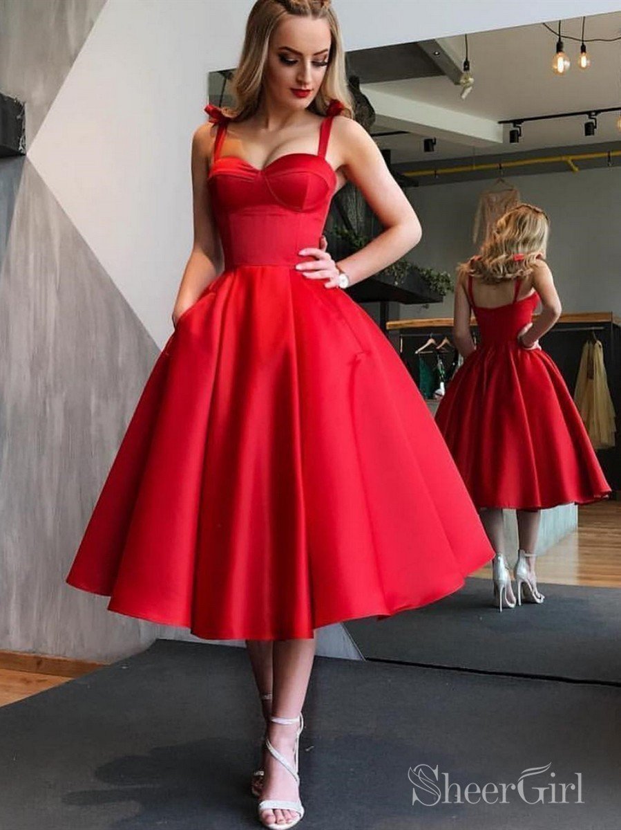 Red Cute Tea Length Graduation Dress Elegant Midi Prom Dresses ARD2087