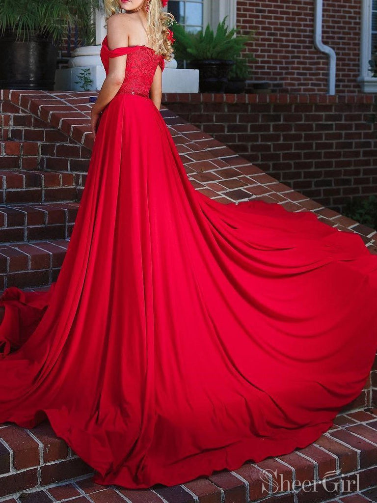 Red Detachable Train Prom Dresses Lace Formal Dresses ARD2138-SheerGirl