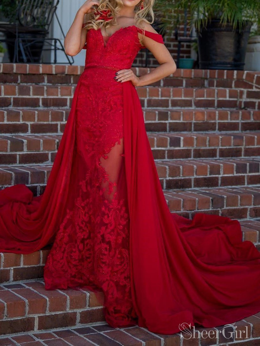 Red Detachable Train Prom Dresses Lace Formal Dresses ARD2138 Red Detachable Train Prom Dresses Lace Formal Dresses ARD2138