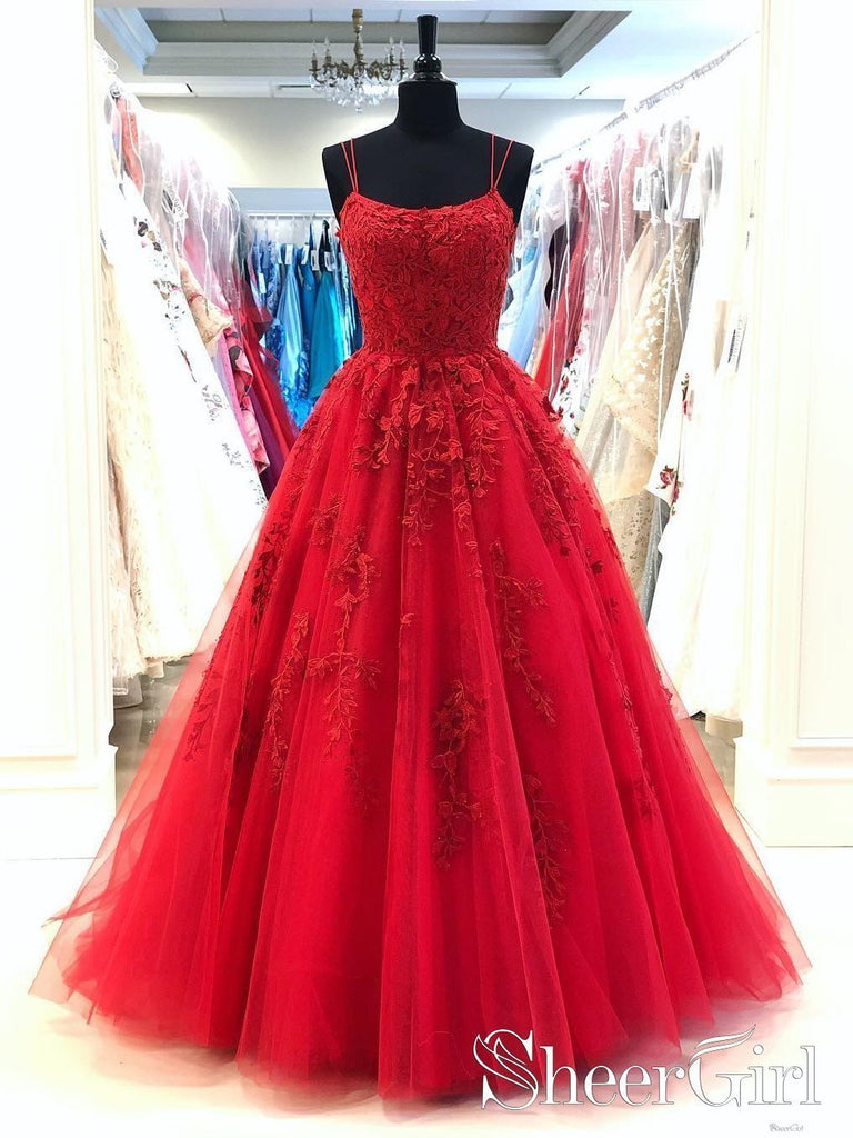 Red Spaghetti Back Crossed Straps Lace Appliqued A Line Long Prom Dress ARD2492-SheerGirl